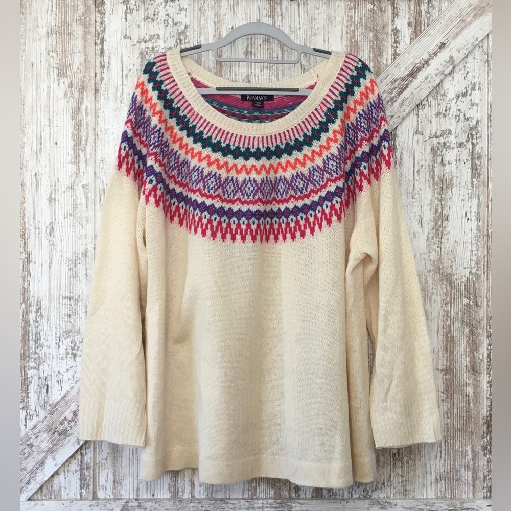 Roaman's Cream/Beige Fair Isle Pattern Swing Sweater